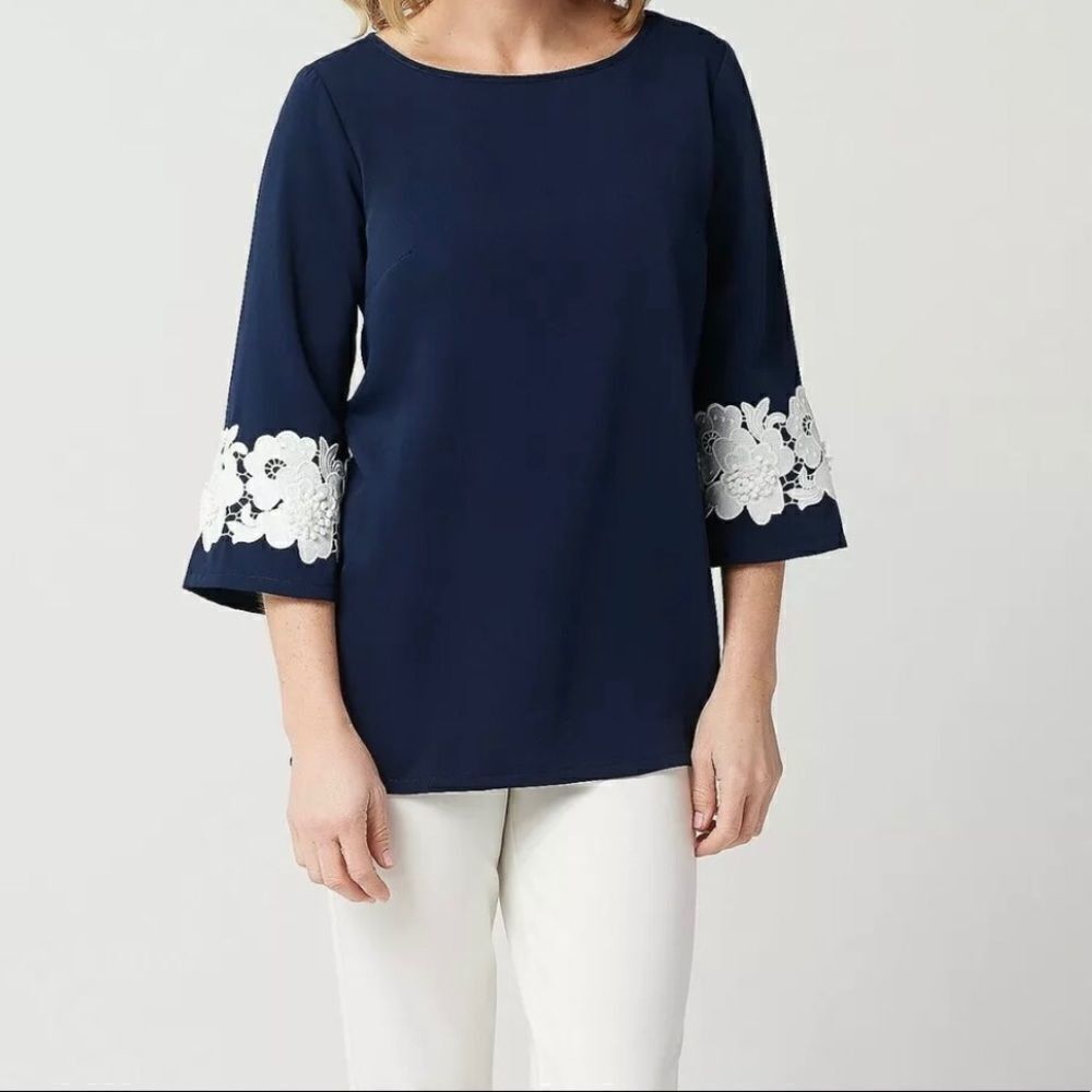 Linea by Louis Dell'Olio Lace Applique on Sleeve Pullover Top